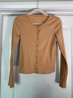 American Eagle Outfitters Ribbed Long-Sleeve Button Cardigan - yellow